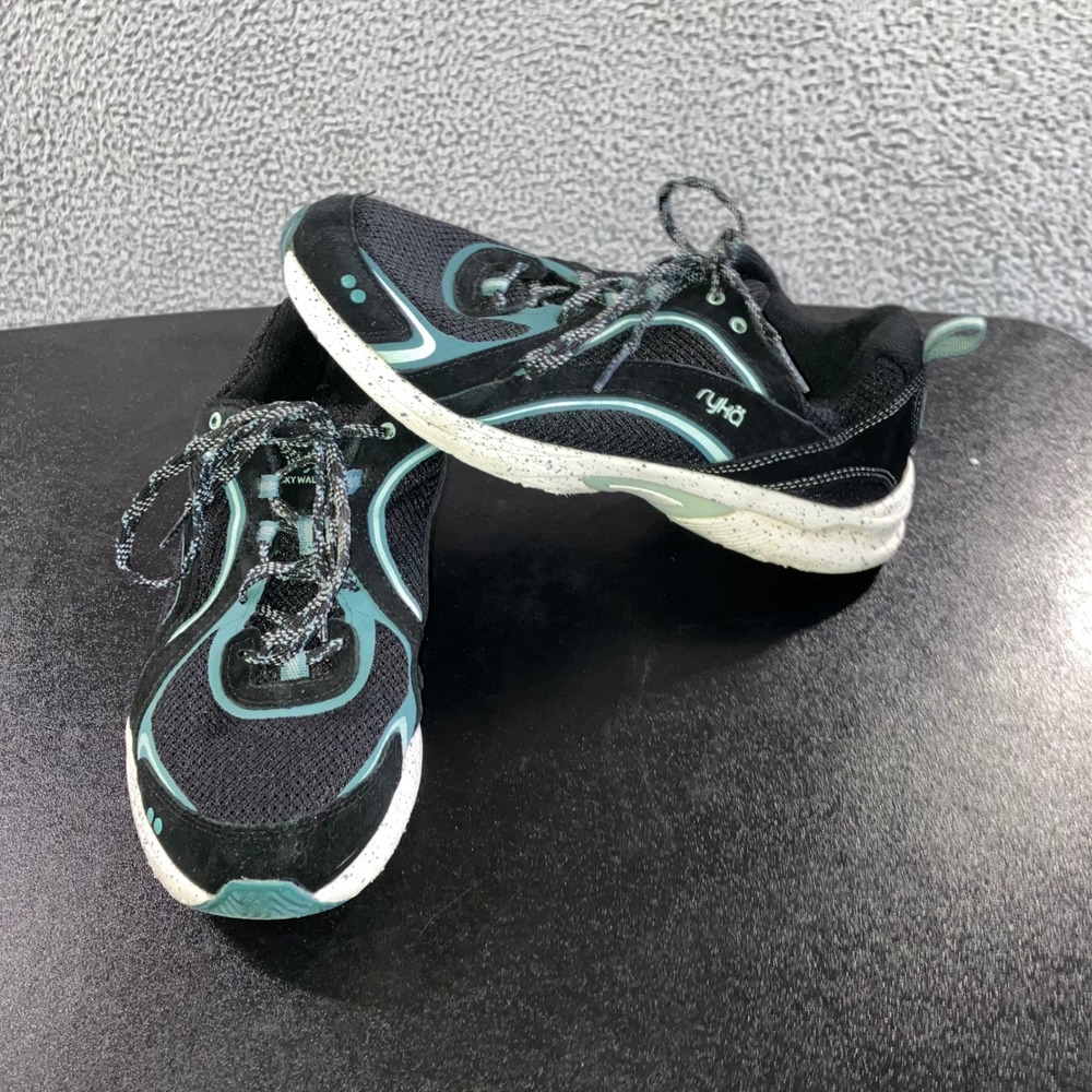 Ryka Sky Walk Trail Sneakers Women 8.5 Black Teal Lace Up Athletic Shoes‎